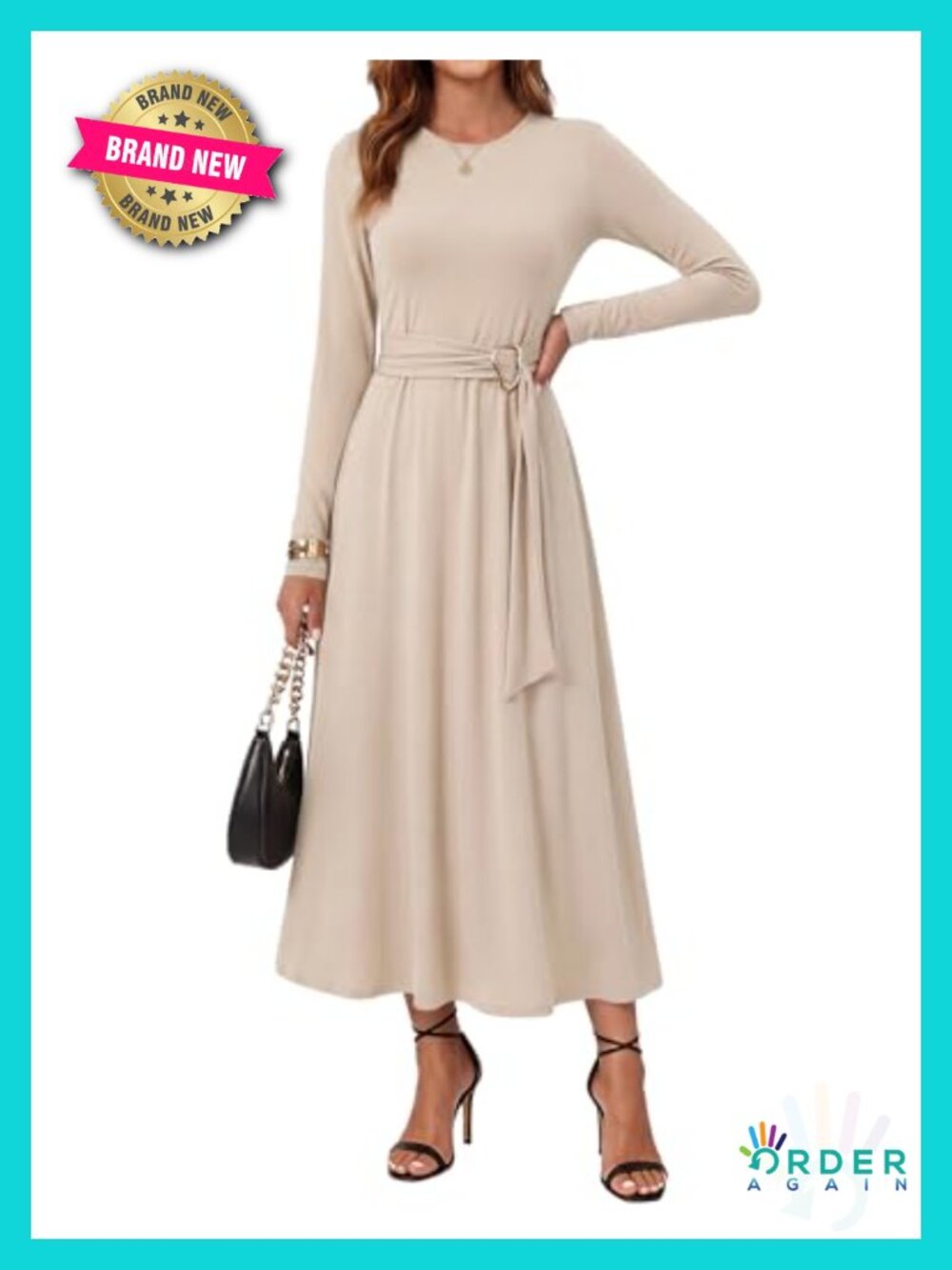 Women's Long Sleeve A-Line Belted Midi Dress with Pockets